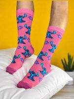 Meia Stitch Fundo Rosa Flor Azul