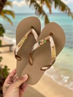 Havaianas Top Rose Gold + Escrita Dourada + Tucano + Coqueiro