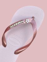 Havaianas Top Rosa Ballet + Escrita Dourada + Flor Branca Pedra Rosa