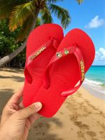 Havaianas Top Vermelha + Escrita Dourada + Tucano + Coqueiro