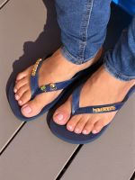Havaianas Top Marinho + Escrita Dourada + Tucano + Coqueiro