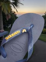 Havaianas Top Marinho + Escrita Dourada + Borboleta Branca 