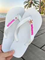 Havaianas Top Branca + Escrita Rosa + Estrela Strass Rosa + Ponto de Luz Rosa