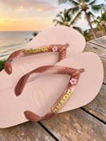 Havaianas Top Rosa Ballet + Escrita Dourada + Flor Cerejeira