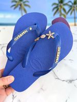 Havaianas Top Azul Naval + Escrita Dourada + Estrela, Concha, Tartaruga e Ponto de Luz