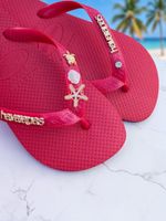 Havaianas Top Vermelho + Escrita Dourada + Estrela, Concha, Tartaruga e Ponto de Luz