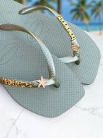 Havaianas Square Smoke Green + Escrita Dourada + Estrela e Concha Peroladas