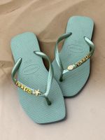 Havaianas Square Smoke Green + Escrita Dourada + Estrela e Concha Peroladas