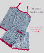 Pijama Verão Shortdoll em Suede com Renda + Tanga String  