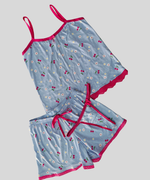 Pijama Verão Shortdoll em Suede com Renda + Tanga String  
