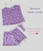 Pijama Verão Shortdoll em Suede com Renda + Tanga String  