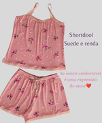 Pijama Verão Shortdoll em Suede com Renda + Tanga String  