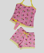Pijama Verão Shortdoll em Suede com Renda + Tanga String  