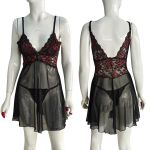 Camisola Noite em Tule e Renda Bicolor com Calcinha Fio - Preto 