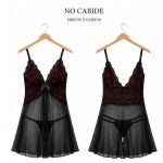 Camisola Noite em Tule e Renda Bicolor com Calcinha Fio - Preto 