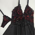 Camisola Noite em Tule e Renda Bicolor com Calcinha Fio - Preto 
