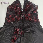 Camisola Noite em Tule e Renda Bicolor com Calcinha Fio - Preto 