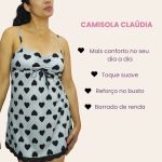 Camisola Cláudia Alça Malha Canelada Estampada  com renda - Corações Pretos