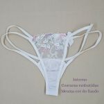 Calcinha Fio Dental em Renda com Tiras Duplas - Branco
