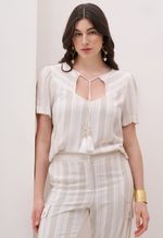 Blusa Linho Listrado Com Amarração No Decote
