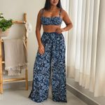 Calça Pantalona - Estampa Folhagem Azul