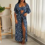 Saída de Praia Longa | Manga Curta Estampa Estampa Folhagem Azul