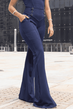 Calça Flare com Botões e Bolso Azul Marinho