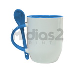 CANECA 325ML CERÂMICA COM COLHER - LIVESUB - BRANCO COM INTERIOR E ALÇA - AZUL CLARO