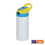 Garrafa Térmica Kids Inox Resinado - JKB - 350ml - Branco com Tampa Azul Alça Amarelo