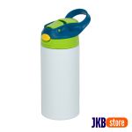 Garrafa Térmica Kids Inox Resinado - JKB - 350ml - Branco com Tampa Verde Alça Azul
