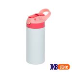 Garrafa Térmica Kids Inox Resinado - JKB - 350ml - Branco com Tampa Vermelho Alça Rosa