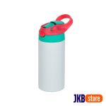 Garrafa Térmica Kids Inox Resinado - JKB - 350ml - Branco com Tampa Verde Água Alça Vermelho