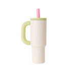 Copo Térmico Funny Inox Sem Resina - 1100ml - Branco Alça Verde Canudo Rosa