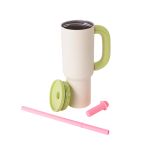 Copo Térmico Funny Inox Sem Resina - 1100ml - Branco Alça Verde Canudo Rosa