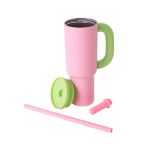 Copo Térmico Funny Inox Sem Resina - 1100ml - Rosa Com Alça Verde Canudo Rosa