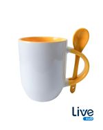 CANECA 325ML CERÂMICA COM COLHER - LIVESUB - BRANCO COM INTERIOR E ALÇA - AMARELO