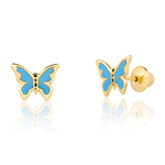 Brinco Borboleta Esmaltada Azul em Ouro 18k Infantil