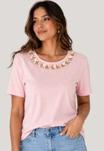 T-shirt flores bordada na gola Jun | rosa bebê