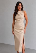 Vestido midi sem manga com fenda frontal Kingdom | areia
