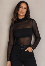 Blusa Tule Manga Longa Gola Alta Pretapink | Preto