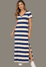 Vestido longo listrado manga curta gola v 184881 Marialícia | azul