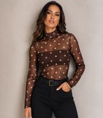 Blusa Tule Manga Longa Nina | Poá Marrom