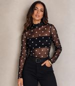  Blusa Tule Manga Longa Nina | Poá Preto
