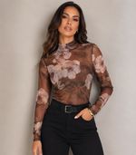 Blusa tule manga longa Nina | Floral Marrom