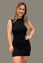 Vestido curto sem manga malha anarruda drapeado na cintura 140110 Style box | preto 
