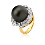 Anel Pérola Cinza Diamante Ouro Amarelo  