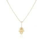 Colar Mão de Fátima Gravatinha Diamantes Ouro Amarelo