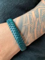 Bracelete Masculino Couro Verde e Aço.