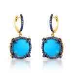 Brinco Argola Safira Azul e Turquesa, Ouro Amarelo.