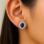 Brinco Safira Azul Oval Diamantes Ouro Branco